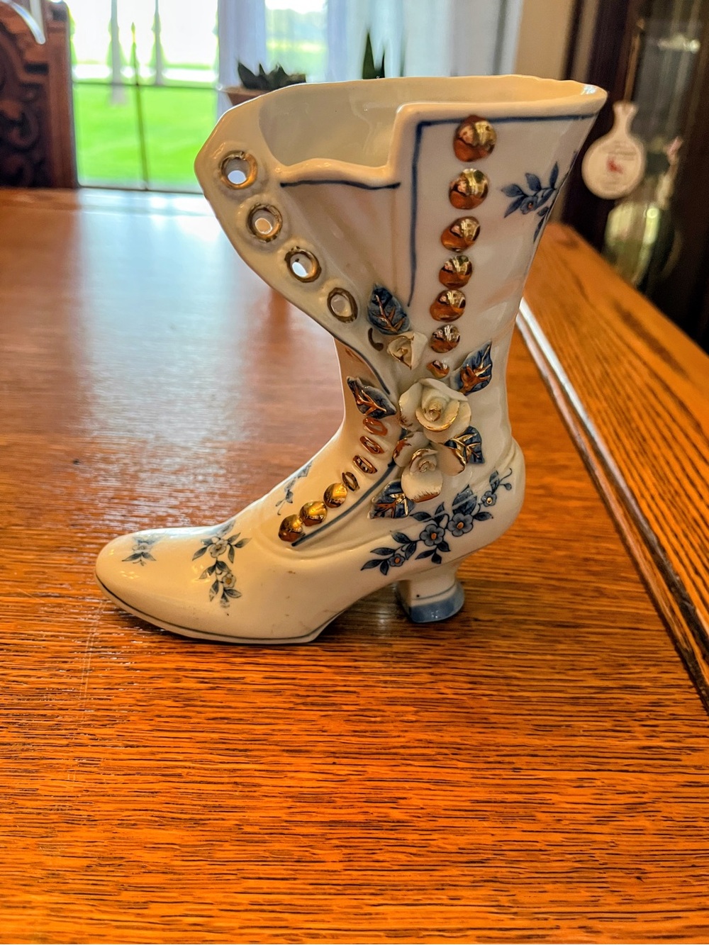 Porcelain Decorative Victorian Boot - White with Blue Floral Accents